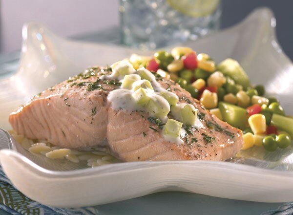 Poached Salmon with Cucumber Dill Sauce and White Corn Salad | Publix ...